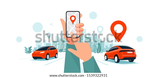 Isolated vector illustration of hands with\
smartphone app and motorway traffic. Autonomous connected cars on\
the highway panoramic perspective horizon vanishing point view.\
Road to the city\
skyline.