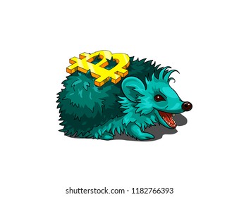 Isolated vector illustration of a happy blue hedgehog bringing the symbol of bitcoin on its back