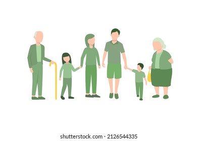 Isolated Vector illustration Happy parents and children portrait concept, old grandmother and grandfather. Big family, senior and teenager generations families together. Flat design for presentation