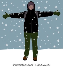 Isolated vector illustration. Happy tourist girl in winter.