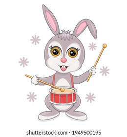 Isolated vector illustration of a hare playing a drum.