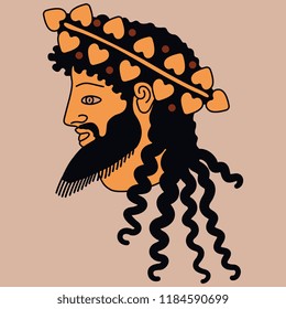 Isolated vector illustration. Head of ancient Greek god Dionysus. Based on vase painting motif.