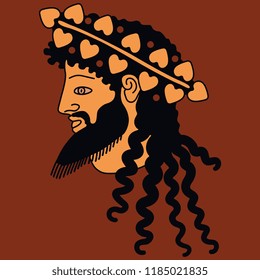 Isolated vector illustration. Head of ancient Greek god Dionysus. Based on vase painting motif.