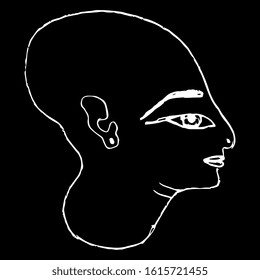 Isolated vector illustration. Head of ancient Egyptian bald priest. Human male profile. Hand drawn linear doodle sketch. White silhouette on black background.