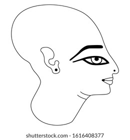 Isolated vector illustration. Head of ancient Egyptian bald priest. Human male profile. Black and white linear silhouette.