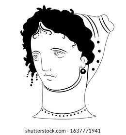 Isolated vector illustration. Head of ancient Greek woman or goddess. Black and white silhouette.
