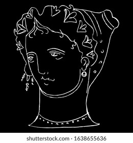 Isolated vector illustration. Head of ancient Greek woman or goddess. Hand drawn linear doodle sketch. White silhouette on black background.