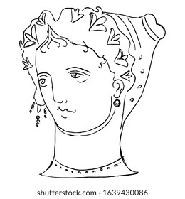 Isolated vector illustration. Head of ancient Greek woman or goddess. Hand drawn linear doodle ink sketch. Black silhouette on white background.