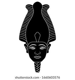 Ilustración vectorial aislada. jefe del antiguo faraón egipcio como dios Osiris. Silueta en blanco y negro.