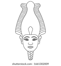 Ilustración vectorial aislada. Jefe del antiguo faraón egipcio como dios Osiris. Silueta lineal en blanco y negro.