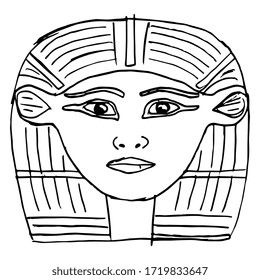 Isolated vector illustration. Head of ancient Egyptian goddess of love Hathor. Hand drawn linear doodle ink sketch. Black silhouette on white background.