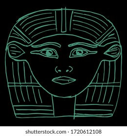 Isolated vector illustration. Head of ancient Egyptian goddess of love Hathor. Hand drawn linear doodle sketch. Green silhouette on black background.