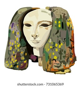 Isolated vector illustration. Head of ancient Egyptian princess. XIV Dynasty. Painted wood.