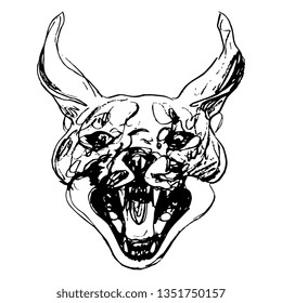 
Isolated vector illustration. Head of an angry grinning Caracal cat. Hand drawn linear doodle ink sketch. Black silhouette on white background.