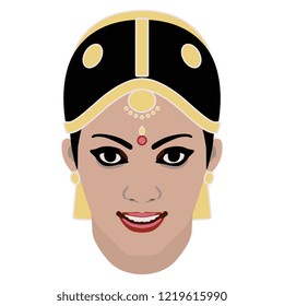 Isolated vector illustration. Head of a beautiful smiling Indian Hindu girl. Flat cartoon style.