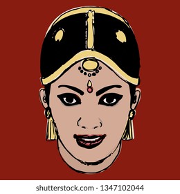 Isolated vector illustration. Head of a beautiful Indian girl. Hand drawn sketch.