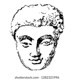 Isolated vector illustration. Head of Buddha. Hand drawn linear sketch. Black silhouette on white background. 
