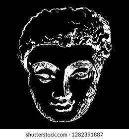 Isolated vector illustration. Head of Buddha. Hand drawn linear sketch. White silhouette on black background. Scratch art style.