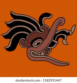 Isolated vector illustration. Head of a fantastic monster creature. Based on ancient Mayan motif of Mexican Indians. Cartoon style.

