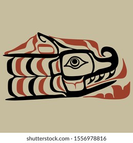 Isolated vector illustration. Head of fantastic animal. Ethnic decor of Native American Tlingit Indians.