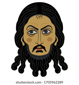Ilustración vectorial aislada. Jefe de Jesucristo. Icono ortodoxo ruso. Cara de santo masculino. Juan el Bautista.