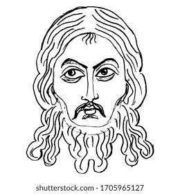 Isolated vector illustration. Head of Jesus Christ. Russian Orthodox icon. Face of male saint. John the Baptist. Hand drawn linear doodle sketch. Black silhouette on white background.