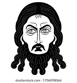 Isolated vector illustration. Head of Jesus Christ. Russian Orthodox icon. Face of male saint. John the Baptist. Black and white silhouette.
