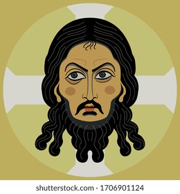 Isolated vector illustration. Head of Jesus Christ in cross nimbus. Russian Orthodox icon. Face of male saint. 