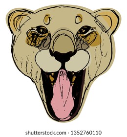 Isolated vector illustration. Head of a lioness with open mouth. Hand drawn sketch.