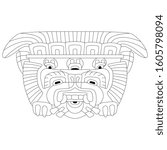 Isolated vector illustration. Head or mask of fantastic monster beast. Pre-Columbian Mexican art from Teotihuacan. Black and white linear silhouette.