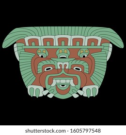 Isolated vector illustration. Head or mask of fantastic monster beast. Pre-Columbian Mexican art from Teotihuacan.