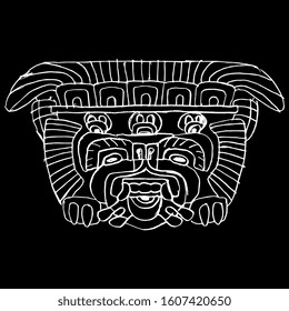 Isolated vector illustration. Head or mask of fantastic monster beast. Pre-Columbian Mexican art from Teotihuacan. Hand drawn linear doodle sketch. White silhouette on black background.