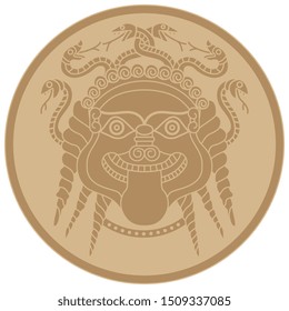 Isolated vector illustration. Head of Medusa Gorgon in a circle. Ancient Greek mythology. Scary female head with snake hair and tongue out.