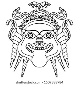 Isolated vector illustration. Head of Medusa Gorgon. Ancient Greek mythology. Scary female head with snake hair and tongue out. Black and white linear silhouette.