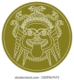 Isolated vector illustration. Head of Medusa Gorgon in a circle. Ancient Greek mythology. Scary female head with snake hair and tongue out. Monochrome silhouette.