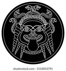 Isolated vector illustration. Head of Medusa Gorgon in a circle. Ancient Greek mythology. Scary female head with snake hair and tongue out. Black and white linear silhouette.
