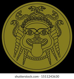 Isolated vector illustration. Head of Medusa Gorgon in a circle. Ancient Greek mythology. Scary female head with snake hair and tongue out.