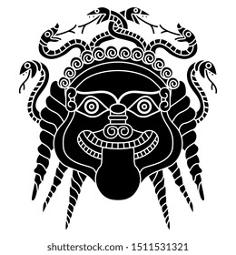 Isolated vector illustration. Head of Medusa Gorgon. Ancient Greek mythology. Scary female head with snake hair and tongue out. Black and white silhouette.