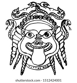 Isolated vector illustration. Head of Medusa Gorgon. Ancient Greek mythology. Scary female head with snake hair and tongue out. Black and white linear silhouette. Hand drawn sketch.