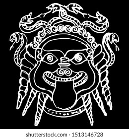 Isolated vector illustration. Head of Medusa Gorgon. Ancient Greek mythology. Scary female head with snake hair and tongue out. White silhouette on black background. Hand drawn sketch.