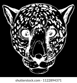 Isolated vector illustration. Head of a monster leopard or jaguar. Hand drawn ink sketch. White silhouette on black background.