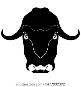 Isolated vector illustration. Head of a muskox. (Ovibos moschatus). Black and white flat silhouette. Logo style. 