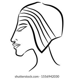 Isolated vector illustration. Head of pharaoh Akhenaten. Ancient Egyptian Amarna art. Black and white linear silhouette.