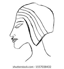 Isolated vector illustration. Head of pharaoh Akhenaton. Ancient Egyptian Amarna art. Black and white silhouette. Hand drawn linear sketch.