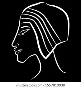 Isolated vector illustration. Head of pharaoh Akhenaton. Ancient Egyptian Amarna art. White linear silhouette on black background.