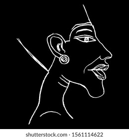 Isolated vector illustration. Head of pharaoh Akhenaten. Ancient Egyptian Amarna art. Hand drawn linear sketch. White silhouette on black background.