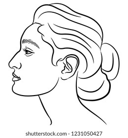 Isolated vector illustration. Head in profile of a beautiful young girl. Hand drawn linear sketch. Black silhouette on white background.