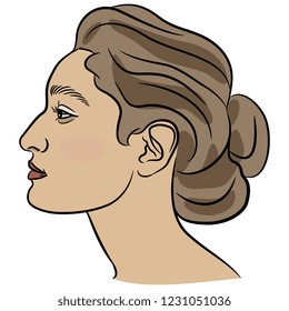 Isolated vector illustration. Head in profile of a beautiful young girl. Cartoon style.