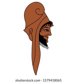 Isolated vector illustration. Head in profile of ancient Greek warrior in helmet.