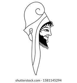 Isolated vector illustration. Head in profile of ancient Greek warrior in helmet. Black and white linear silhouette.